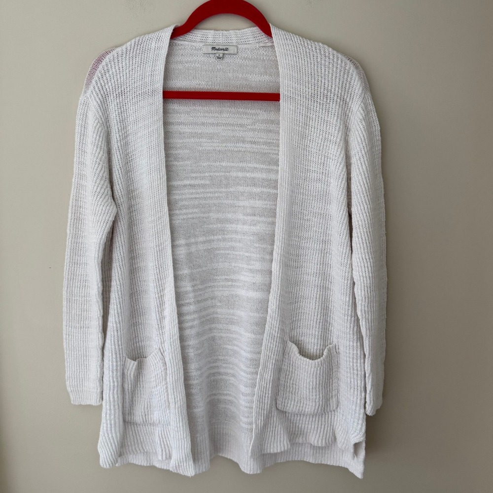 Madewell White Linen Cotton Open Front‎ Cardigan Sweater Pockets F1565 Womens S